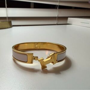 Gold-tone H Bracelet Bangle with white Enamel